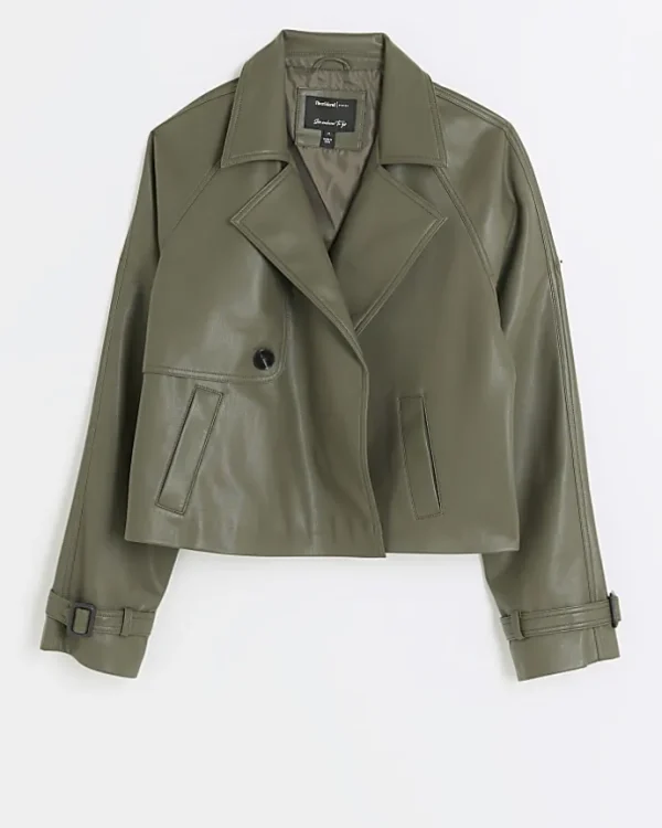 Khaki faux leather crop trench coat