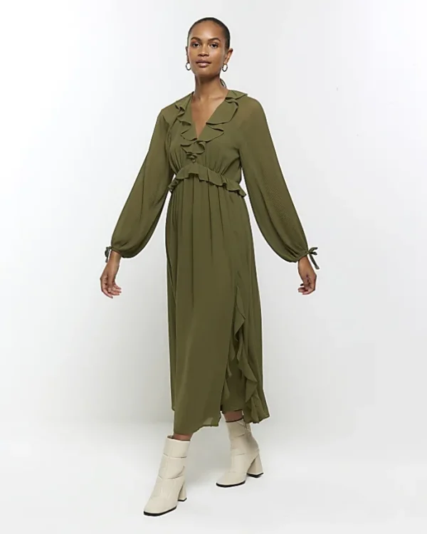 Khaki frill plisse sleeve swing midi dress