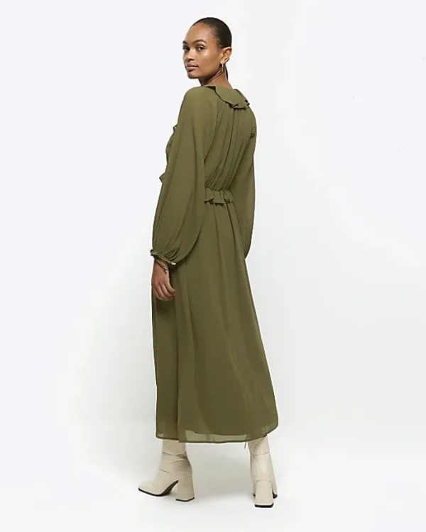 Khaki frill plisse sleeve swing midi dress