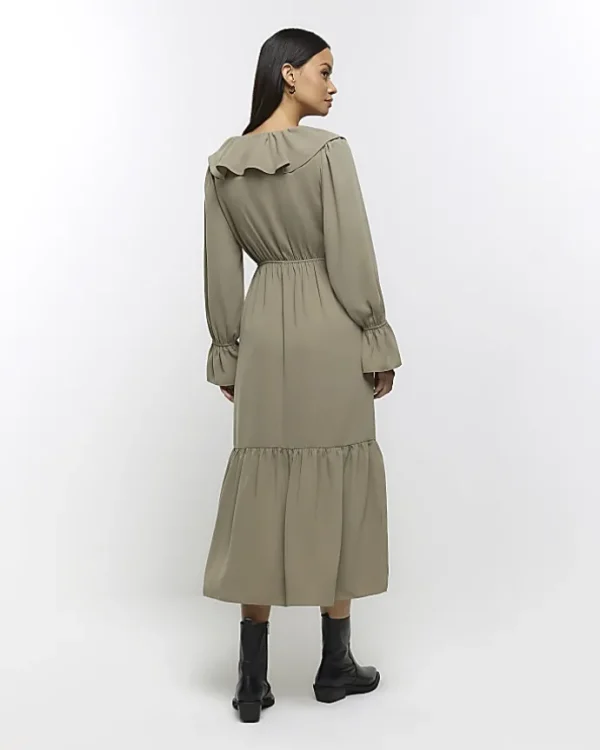 Khaki frill swing maxi dress