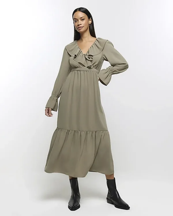 Khaki frill swing maxi dress