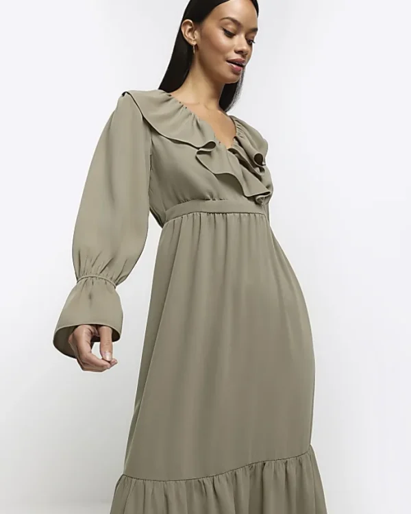 Khaki frill swing maxi dress