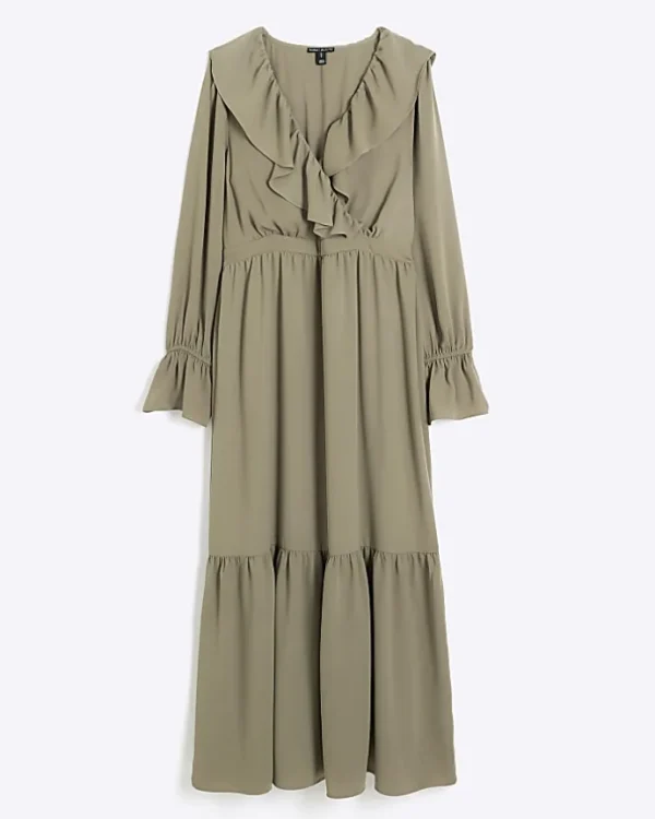 Khaki frill swing maxi dress