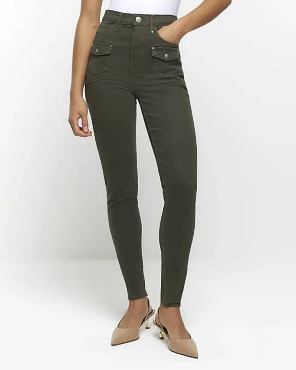 Khaki high waisted skinny cargo jeans