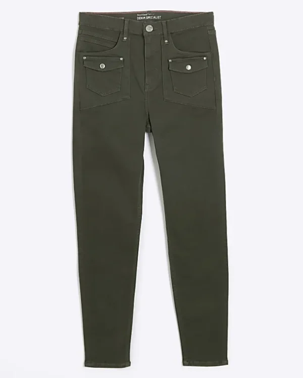 Khaki high waisted skinny cargo jeans