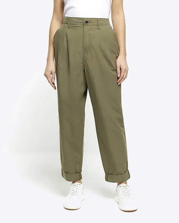 Khaki High Waisted Tapered Trousers