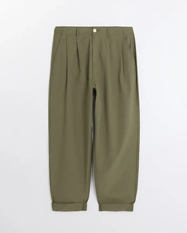 Khaki High Waisted Tapered Trousers