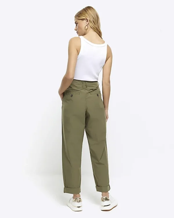 Khaki High Waisted Tapered Trousers