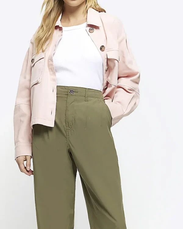 Khaki High Waisted Tapered Trousers