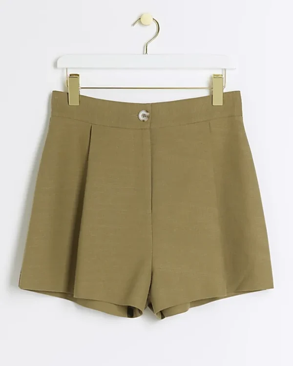 Khaki linen blend high waisted shorts