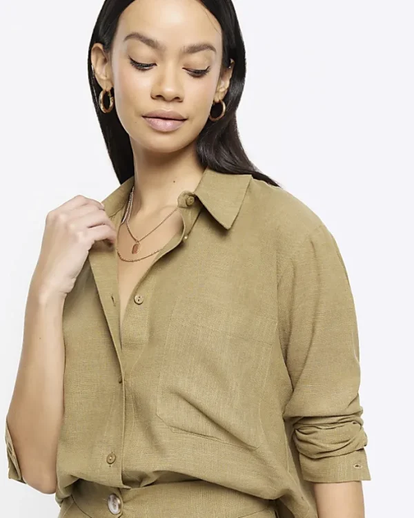 Khaki linen blend long sleeve shirt