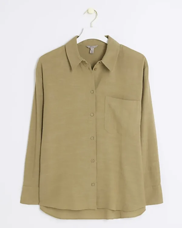 Khaki linen blend long sleeve shirt