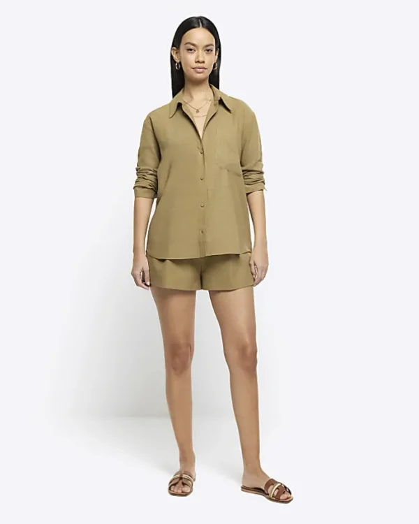 Khaki linen blend long sleeve shirt