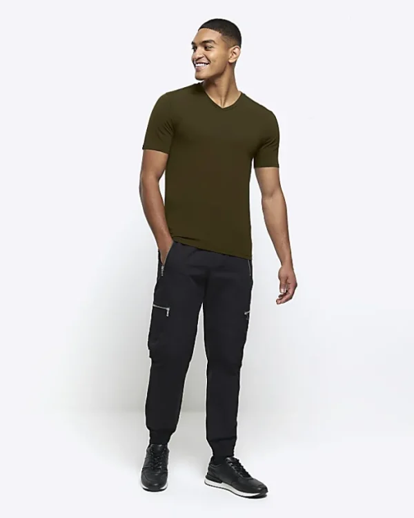 Khaki muscle fit V neck t-shirt