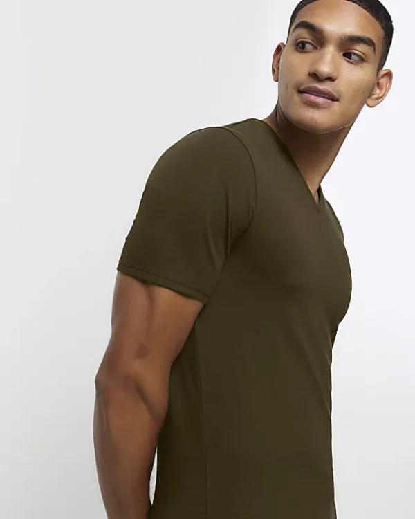 Khaki muscle fit V neck t-shirt