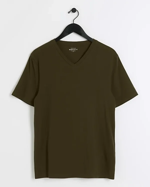 Khaki muscle fit V neck t-shirt