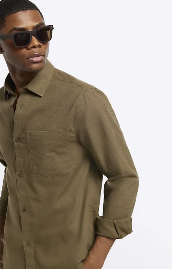 Khaki regular fit linen blend shirt