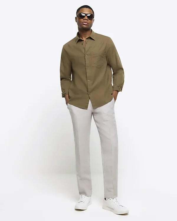 Khaki regular fit linen blend shirt