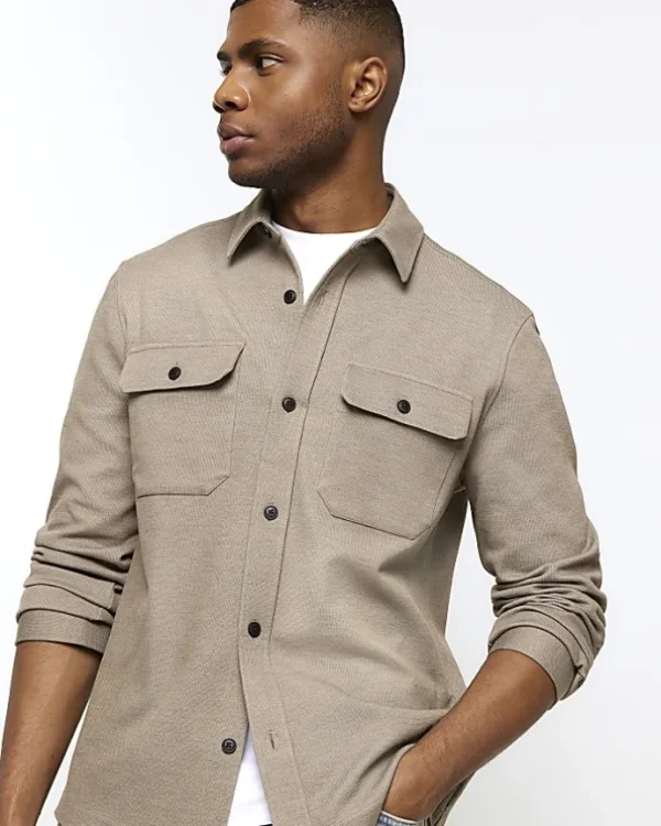 Khaki regular fit pocket jersey overshirt