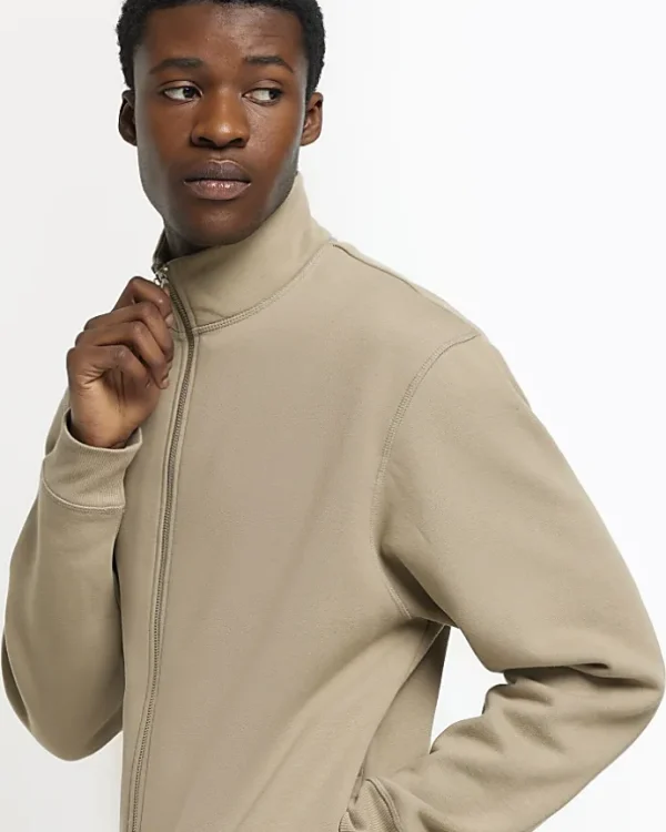 Khaki regular fit zip up funnel sweatshirt