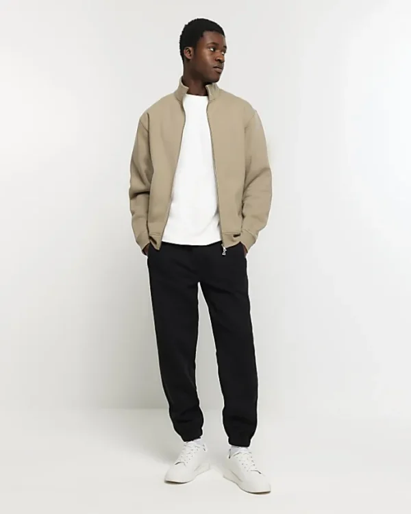 Khaki regular fit zip up funnel sweatshirt