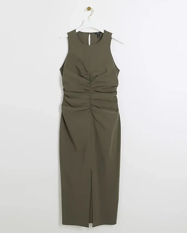 Khaki ruched split bodycon midi dress