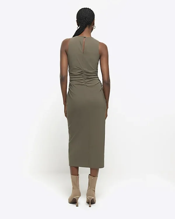 Khaki ruched split bodycon midi dress