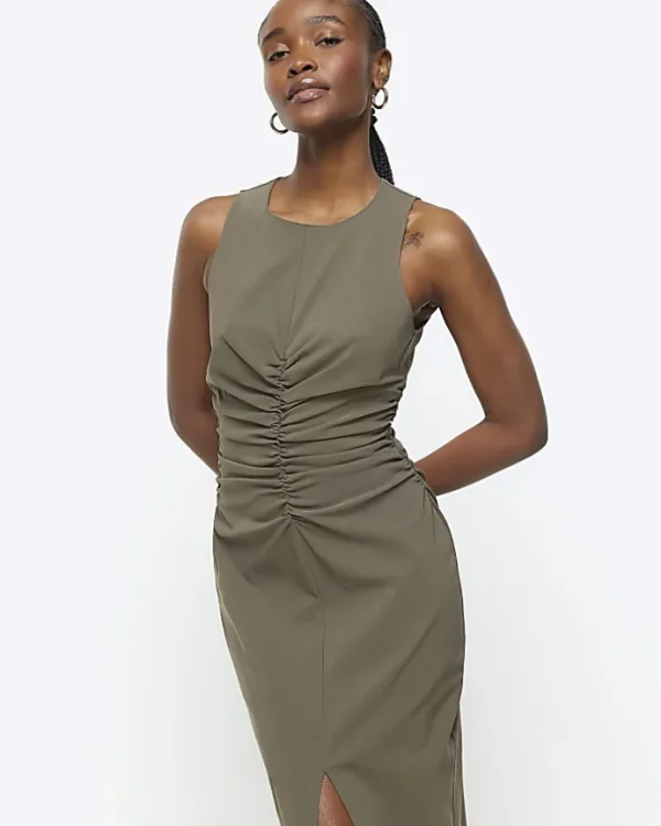 Khaki ruched split bodycon midi dress