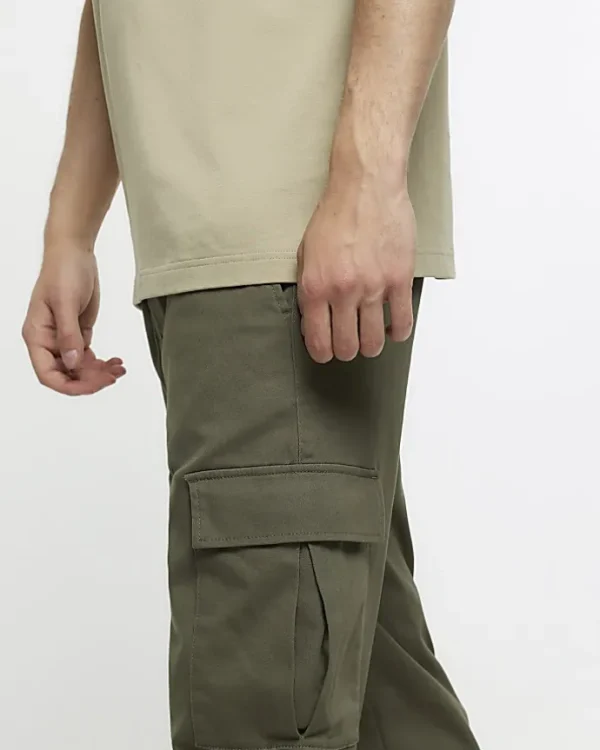 Khaki slim fit cuffed cargo trousers