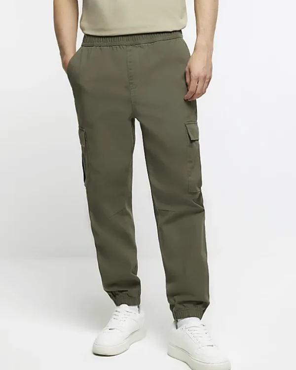 Khaki slim fit cuffed cargo trousers