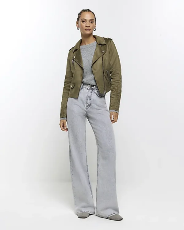 Khaki suedette crop biker jacket