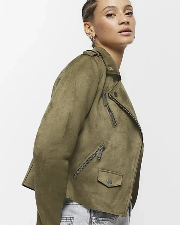 Khaki suedette crop biker jacket