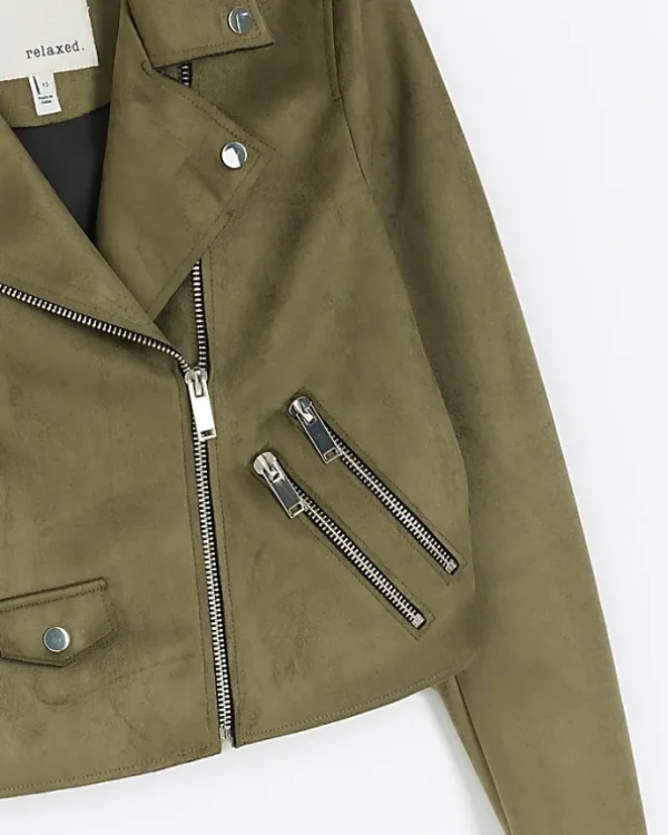 Khaki suedette crop biker jacket