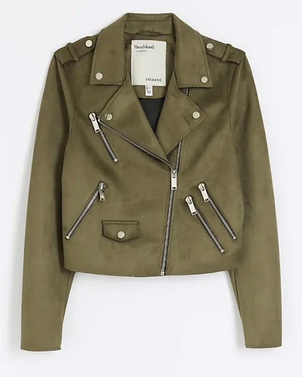 Khaki suedette crop biker jacket