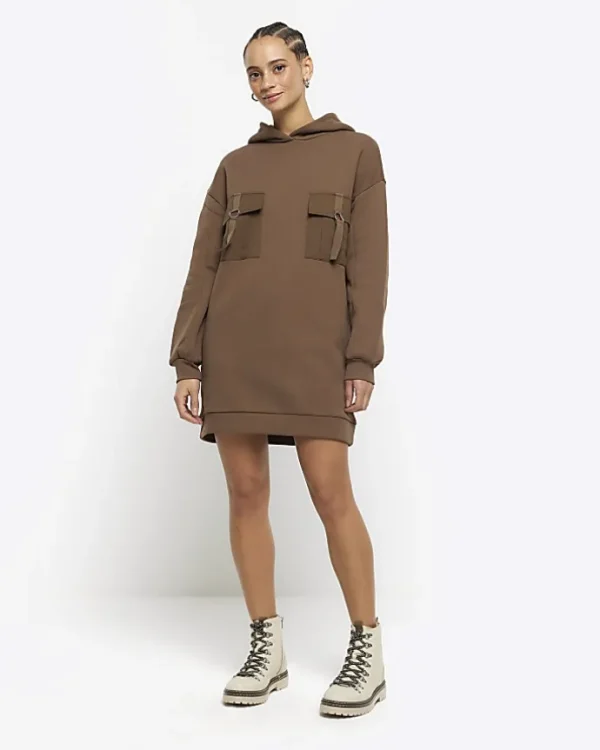 Khaki utility hooded sweatshirt mini dress