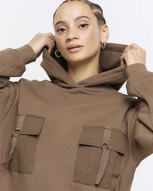 Khaki utility hooded sweatshirt mini dress