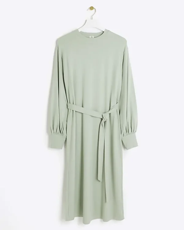 Light Green tie waist sweatshirt midi dress