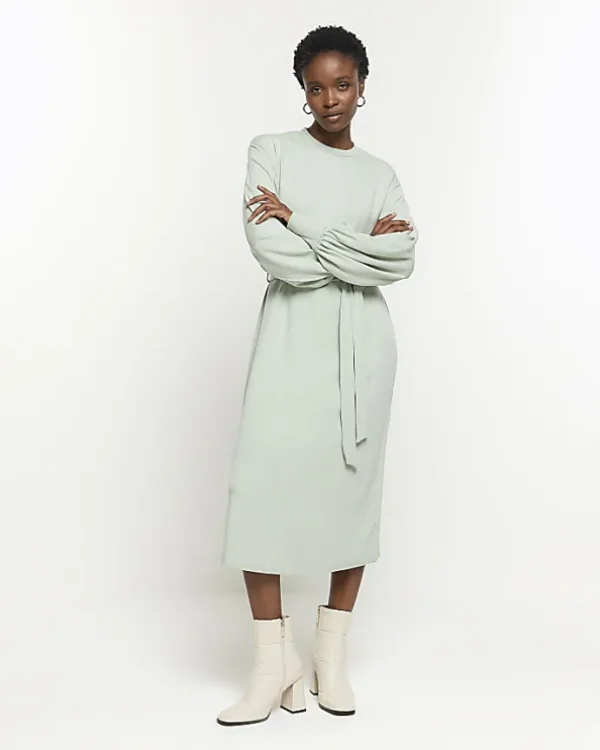 Light Green tie waist sweatshirt midi dress