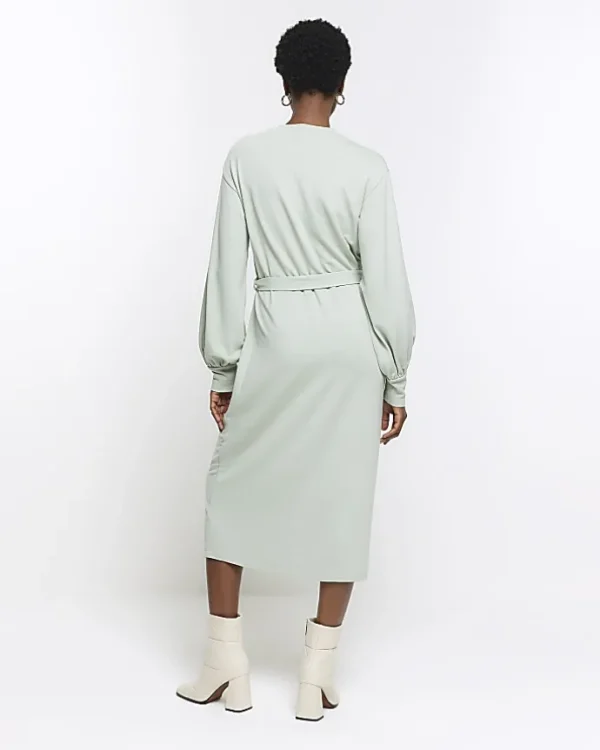 Light Green tie waist sweatshirt midi dress