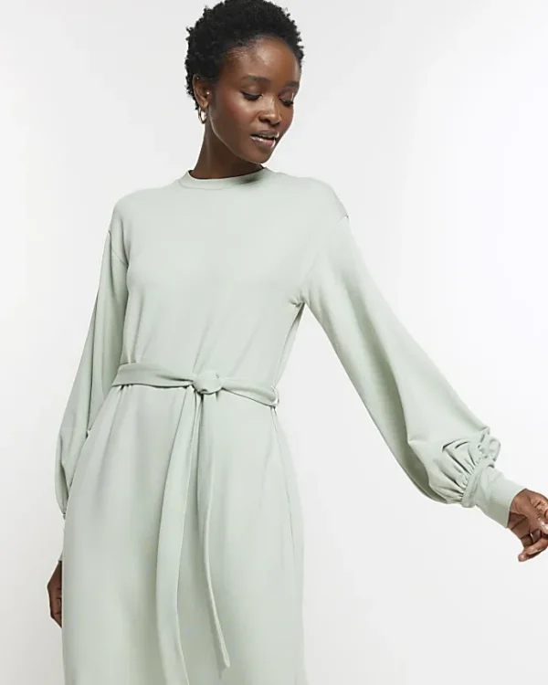 Light Green tie waist sweatshirt midi dress