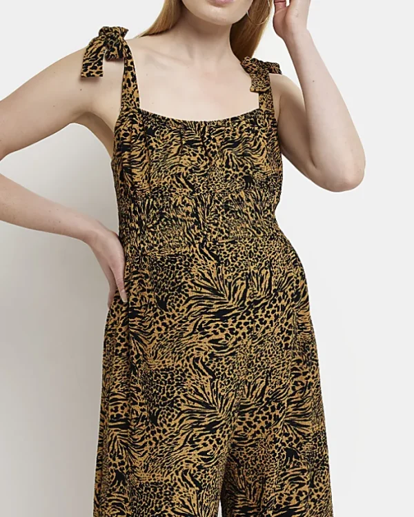 Maternity brown animal print shirred jumpsuit