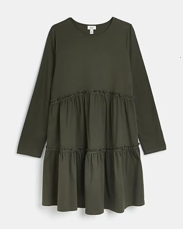 Maternity khaki long sleeve frill mini dress