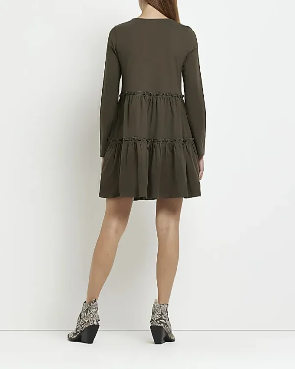 Maternity khaki long sleeve frill mini dress