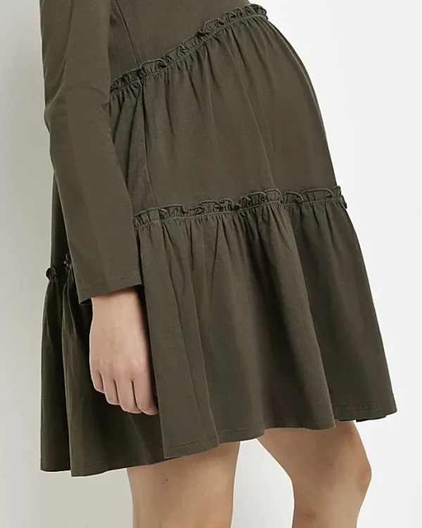 Maternity khaki long sleeve frill mini dress