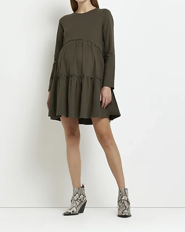 Maternity khaki long sleeve frill mini dress