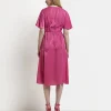 Maternity pink satin wrap midi dress