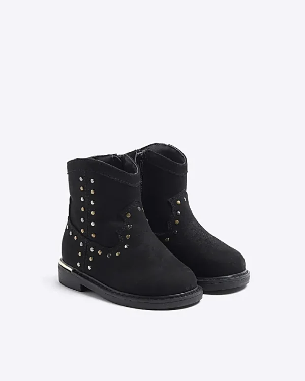 Mini girls black studded western boots