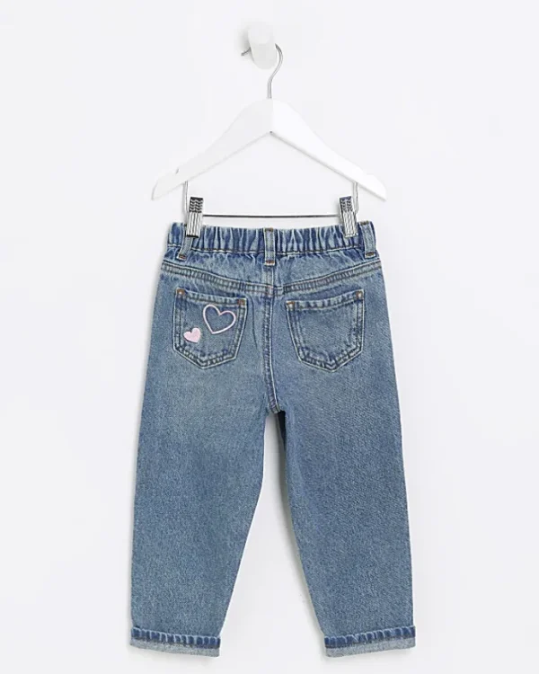 Mini girls blue embroidered heart mom jeans