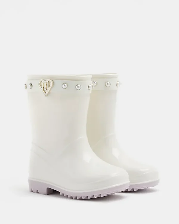 Mini girls cream RI heart pearl wellie boots