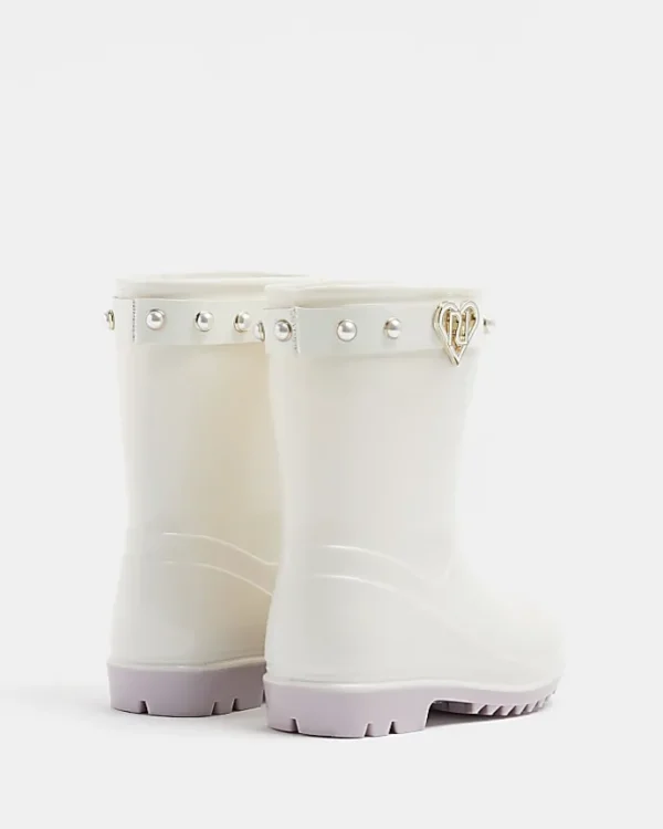 Mini girls cream RI heart pearl wellie boots